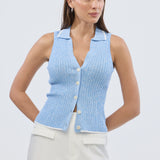Sleeveless Buttoned Knit Top - Azure Blue Marl