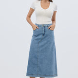 Denim A-Line Midi Skirt - Mid Blue Wash