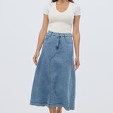 Denim A-Line Midi Skirt - Mid Blue Wash
