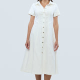 Denim Short Sleeve Midi Dress - White