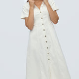 Denim Short Sleeve Midi Dress - White