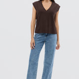 V Neck Cap Sleeve Jersey Tank - Bitter Chocolate