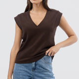 V Neck Cap Sleeve Jersey Tank - Bitter Chocolate
