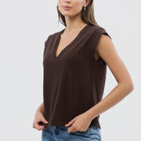 V Neck Cap Sleeve Jersey Tank - Bitter Chocolate