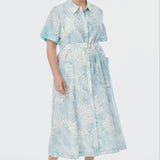 Panelled Shirt Dress - Ice Blue Abstract Leaves