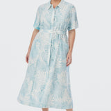 Panelled Shirt Dress - Ice Blue Abstract Leaves
