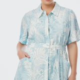 Panelled Shirt Dress - Ice Blue Abstract Leaves