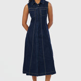 Denim Sleeveless Midi Dress - Indigo