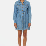 Denim Long Sleeve Mini Dress - Mid Blue Wash