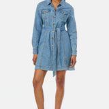 Denim Long Sleeve Mini Dress - Mid Blue Wash