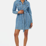 Denim Long Sleeve Mini Dress - Mid Blue Wash