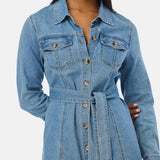 Denim Long Sleeve Mini Dress - Mid Blue Wash