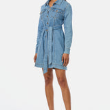 Denim Long Sleeve Mini Dress - Mid Blue Wash