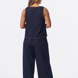 Denim Wide Leg Drawstring Pants - Indigo