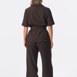 Textured Short Sleeve Tie Shirt - Dark Chocolate