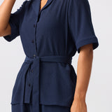 Textured Short Sleeve Tie Shirt - Navy