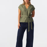 Cap Sleeve Tie Blouse - Khaki