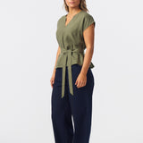 Cap Sleeve Tie Blouse - Khaki