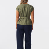 Cap Sleeve Tie Blouse - Khaki