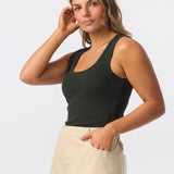 Scoop Neck Ribbed Tank - Forest Green