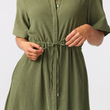Textured Drawstring Dress - Khaki