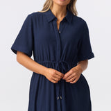 Textured Drawstring Dress - Navy