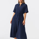 Textured Drawstring Dress - Navy
