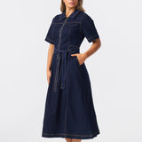 Short Sleeve Zip Denim Dress - Indigo