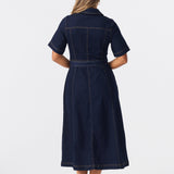 Short Sleeve Zip Denim Dress - Indigo