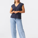 V Neck Cap Sleeve Jersey Tank - Navy