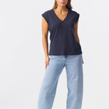 V Neck Cap Sleeve Jersey Tank - Navy