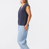 V Neck Cap Sleeve Jersey Tank - Navy