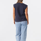 V Neck Cap Sleeve Jersey Tank - Navy