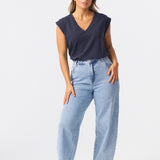 V Neck Cap Sleeve Jersey Tank - Navy