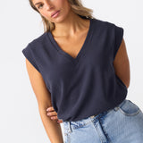 V Neck Cap Sleeve Jersey Tank - Navy