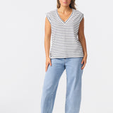 V Neck Cap Sleeve Jersey Tank - White / Navy Stripe