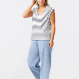 V Neck Cap Sleeve Jersey Tank - White / Navy Stripe