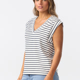 V Neck Cap Sleeve Jersey Tank - White / Navy Stripe