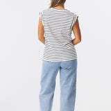 V Neck Cap Sleeve Jersey Tank - White / Navy Stripe
