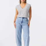 V Neck Cap Sleeve Jersey Tank - White / Navy Stripe