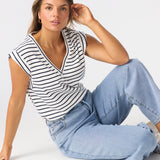 V Neck Cap Sleeve Jersey Tank - White / Navy Stripe