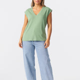V Neck Cap Sleeve Jersey Tank - Dusty Jade