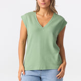 V Neck Cap Sleeve Jersey Tank - Dusty Jade