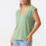 V Neck Cap Sleeve Jersey Tank - Dusty Jade