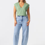 V Neck Cap Sleeve Jersey Tank - Dusty Jade