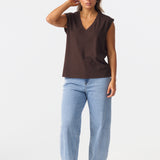 V Neck Cap Sleeve Jersey Tank - Bitter Chocolate