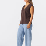 V Neck Cap Sleeve Jersey Tank - Bitter Chocolate