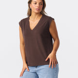 V Neck Cap Sleeve Jersey Tank - Bitter Chocolate