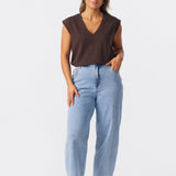 V Neck Cap Sleeve Jersey Tank - Bitter Chocolate