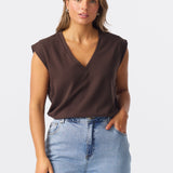 V Neck Cap Sleeve Jersey Tank - Bitter Chocolate